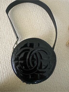 Chanel small Black Patent Leather Round Shoulder Bag with Interlocking Logo